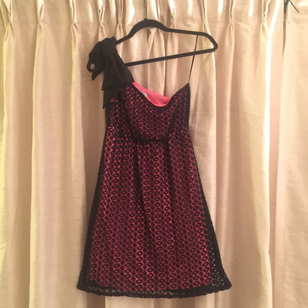 One Shoulder Black & Pink Dress with Bow